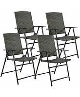 Gymax Folding Rattan Chair Brown 4 Pcs Outdoor Indoor Furniture