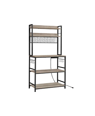 Slickblue Bakers Rack With Power Outlet, Microwave Stand, Coffee Bar With Metal Wire Panel