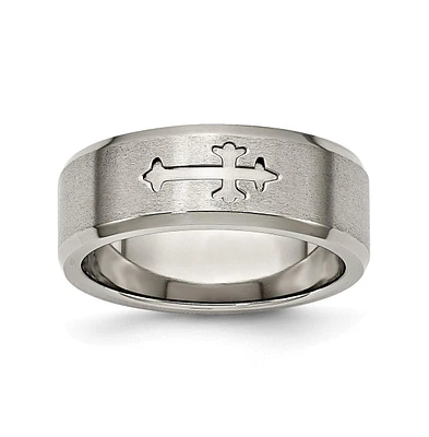 Chisel Titanium Brushed Center Cross Design Beveled Edge Band Ring