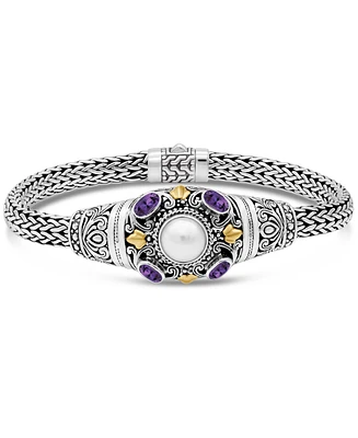 Devata Amethyst, Freshwater Cultured Pearl & Bali Filigree with Dragon Bone Oval 5mm Chain Bracelet in Sterling Silver and 18K Gold