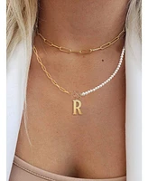 14K Gold Plated Initial Imitation Pearl Link Chain Necklace
