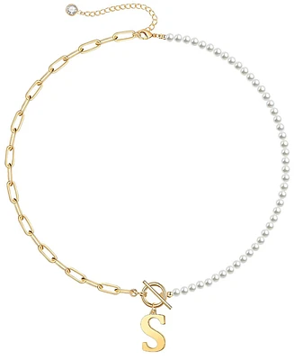 Rachel Glauber 14K Gold Plated Initial Imitation Pearl Link Chain Necklace