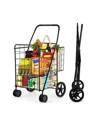 Sugift Folding Shopping Cart with Swiveling Wheels and Dual Storage Baskets