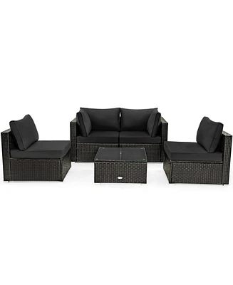 Gymax 5PCS Rattan Patio Conversation Set Sofa Furniture Set w/ Black Cushions