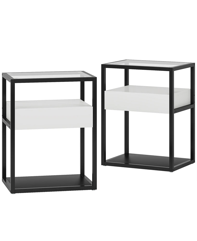 Tribesigns Set of 2 Nightstand, Modern Simple Style Tall Side Table End Table with Drawer and Shelf, Tempered Glass Bedside Table, Metal Frame, 19.6&#