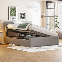 Streamdale Furniture Full Size Sleigh Bed With Side-Tilt Hydraulic Storage System, Linen Upholstery, Gray