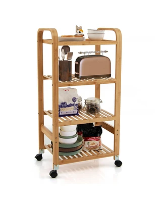 Sugift Bamboo Utility Cart with Storage Shelf and Lockable Casters-4-Tier