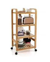 Sugift Bamboo Utility Cart with Storage Shelf and Lockable Casters-4-Tier