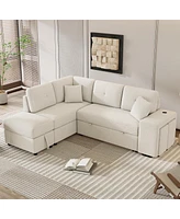 Streamdale Furniture 87.7" Sectional Pull Out Sofa Bed With Storage Ottoman, 2 Throw Pillow, Stools, Usb