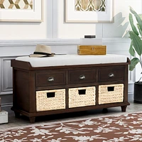 Streamdale Furniture Rustic Storage Bench With 3 Drawers And 3 Rattan Baskets, Shoe Bench For Living Room