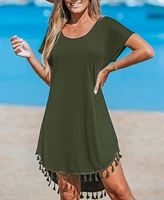 Cupshe Women's Olive Short Sleeve Tassel Hem Mini Beach Dress