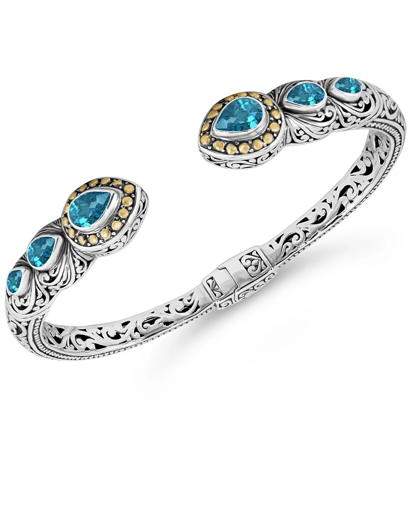 Devata London Blue Topaz & Bali Ubud Cuff Bracelet in Sterling Silver and 18K Gold