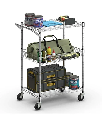 Sugift 3-Tier Rolling Utility Cart with Handle Bar and Adjustable Shelves