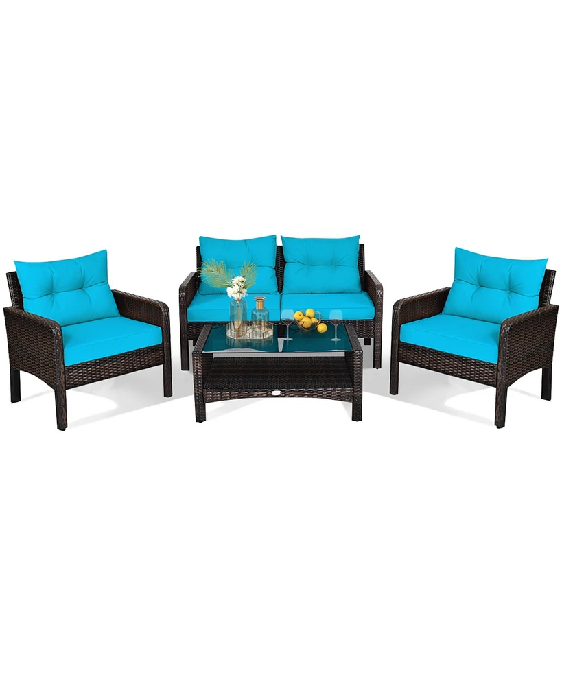 Gymax 4PCS Rattan Patio Furniture Conversation Set Cushioned Outdoor Furniture Set