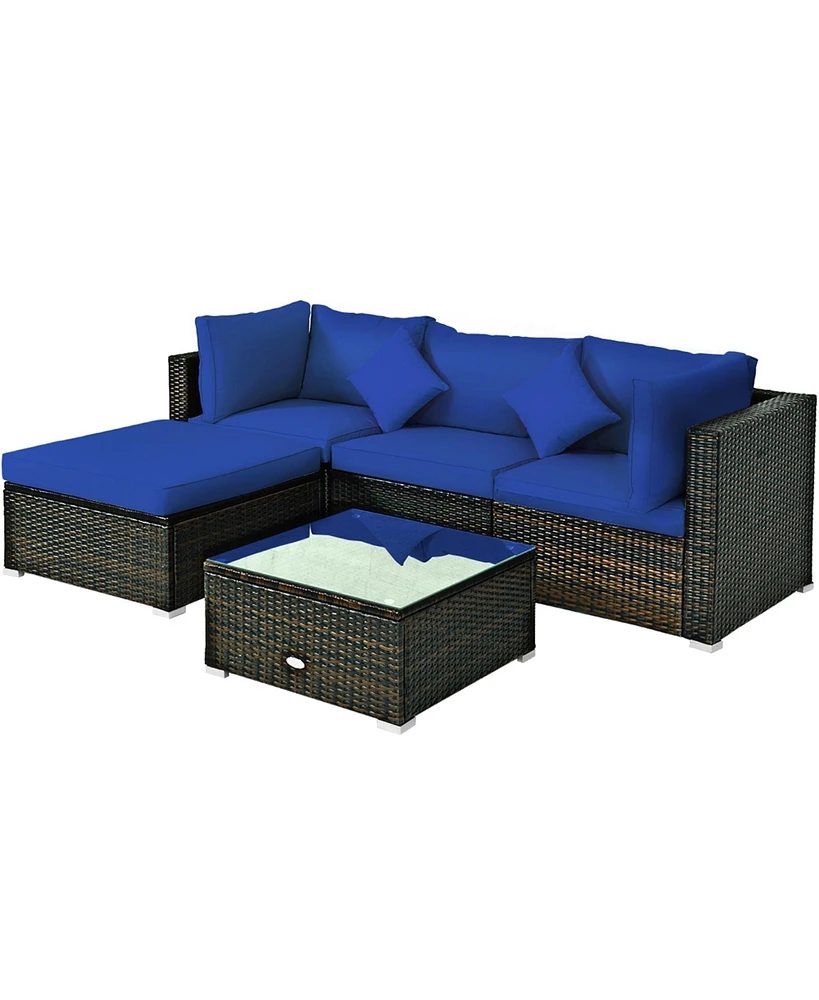 Gymax 5PC Rattan Patio Conversation Set Outdoor Furniture Set w/ Ottoman Cushion