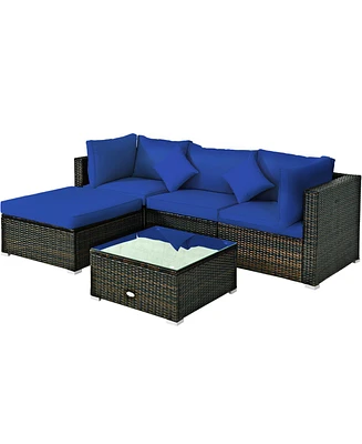 Gymax 5PC Rattan Patio Conversation Set Outdoor Furniture Set w/ Ottoman Cushion
