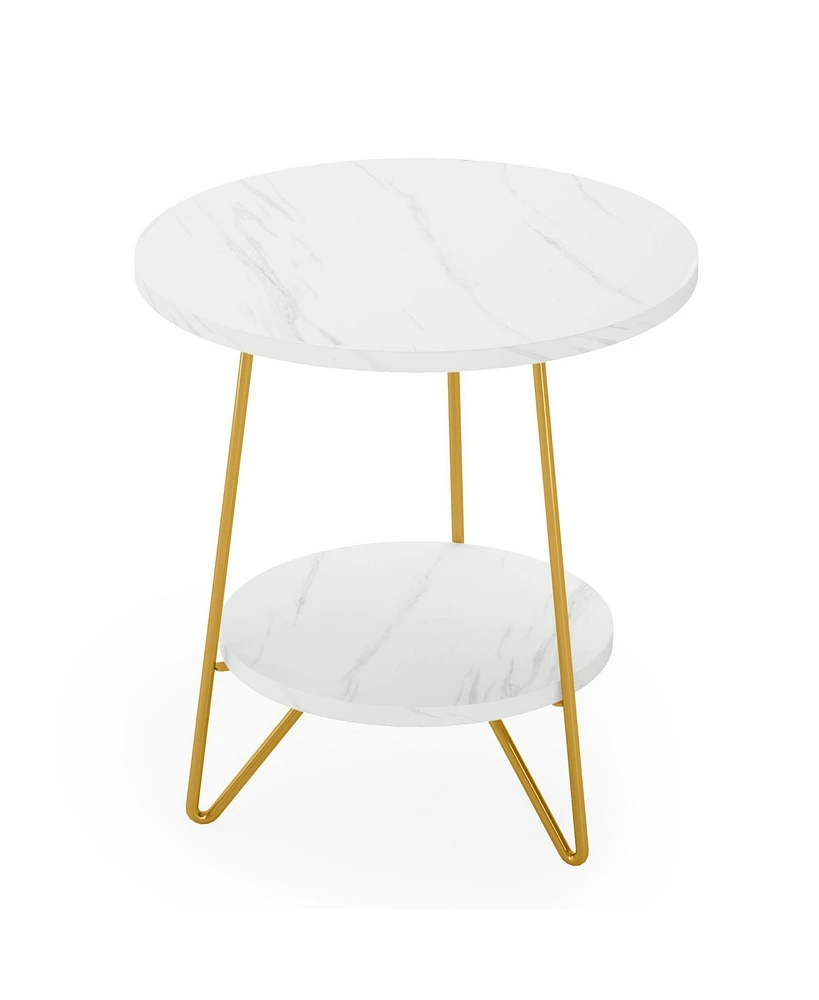 Tribesigns Faux Marble End Table, 2 Tier Round Side Table with Shelves, Modern Gold Nightstand Bedside Table Small Coffee Accent Table for Living Room