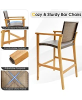 Sugift Set of 2 Pe Wicker Patio Bar Chairs with Acacia Wood Armrests