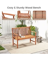 Sugift 2-Seat Patio Wood Bench with Cozy Armrests and Backrest