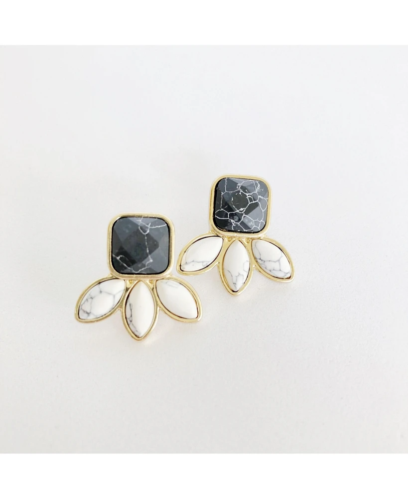 Sanctuaire Sanctuary Project by Semi Precious Black and White Howlite Three Stone Stud Earrings Gold