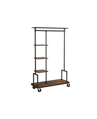 Slickblue Clothes Rack, Clothing Rack on Wheels, 5-Tier Garment Rack with Metal Pipes, Rustic Brown