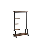 Slickblue Clothes Rack, Clothing Rack on Wheels, 5-Tier Garment Rack with Metal Pipes, Rustic Brown