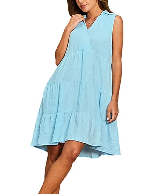 Cupshe Women's Light Blue Collared V-Neck Sleeveless Mini Beach Dress