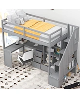 Twin Loft Bed With L-Shaped Desk And Drawers, Cabinet Storage Staircase
