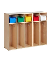 ECR4Kids Streamline 5-Section Coat Locker with Scoop Front Storage Bins, Toddler Size, Natural, Assorted