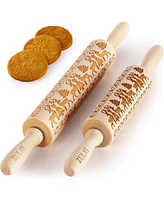 Zulay Kitchen Wooden Carved Christmas Rolling Pin 2-Pc.