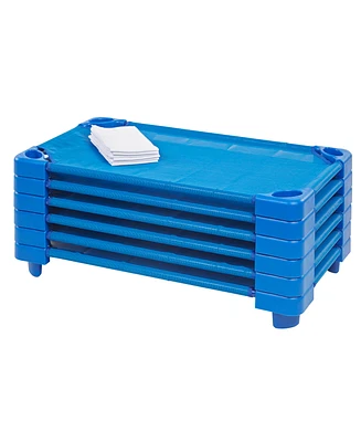 ECR4Kids Toddler ECR4 Stackable die Cot with Sheet Classroom Furniture, Blue, 6-Pack