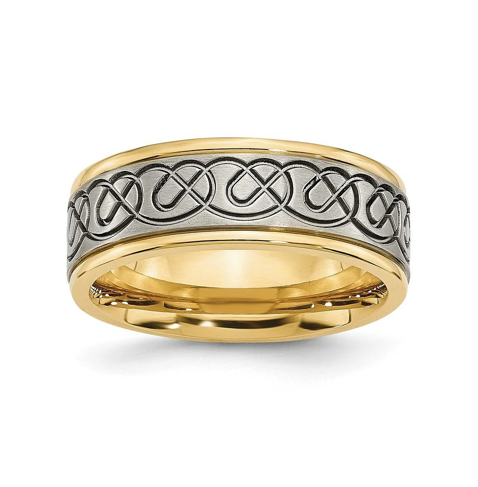 Chisel Titanium Brushed Yellow Scroll Design Grooved Edge Band Ring