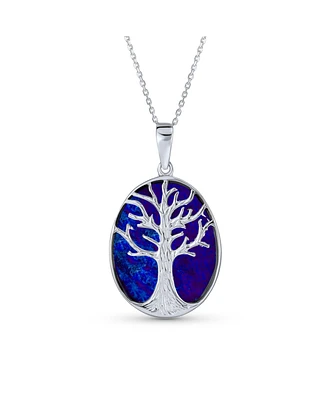 Bling Jewelry Blue Lapis Lazuli large Oval Wishing Tree Family Tree Of Life Pendant Necklace Western Jewelry For Women .925 Sterling Silver