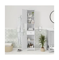 Merrick Lane Delilah Slim Linen Tower Organizer With Storage Drawer, Upper And Lower Cabinets With Magnetic Closure Doors And Open Shelf