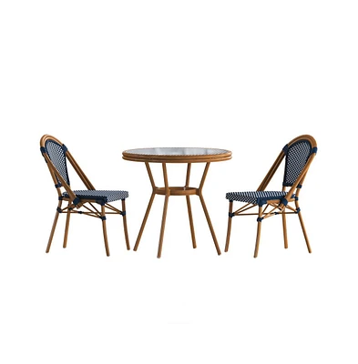 Merrick Lane Sacha Bistro Style Table With Glass Top, Pe Rattan, 2 Stack Chairs, And Bamboo Finished Metal Frame For Indoor/Outdoor Use