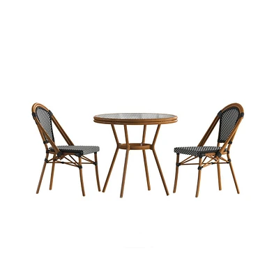 Merrick Lane Sacha Bistro Style Table With Glass Top, Pe Rattan, Stack Chairs