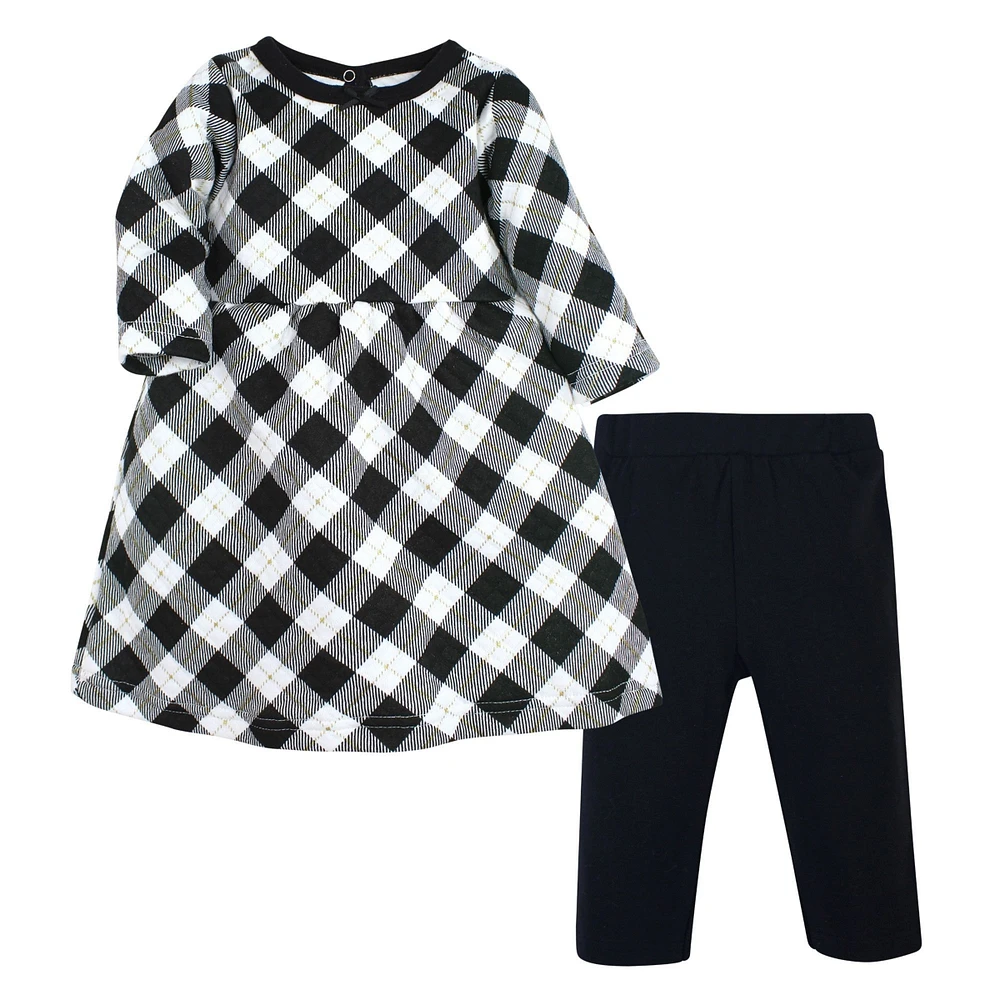 Hudson Baby Toddler Girls Quilted Cotton Dress and Leggings, Black Gold Plaid