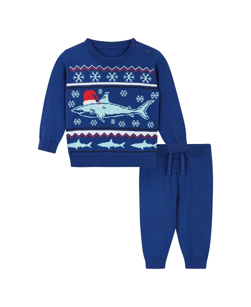 Andy & Evan Baby Boys Blue Holiday Shark Jacquard Sweater Set