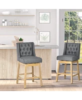 Homcom Bar Height Bar Stools Set of 2, 180 Degree Swivel Kitchen Island Stool, 28" Seat Height with Solid Wood Footrests and Button Tufted Design, Gre