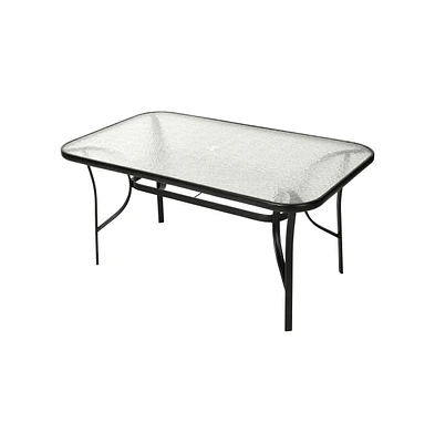 Emma+Oliver Tala Rectangular Tempered Glass Top Patio Table With Umbrella Hole And Black Steel Tube Frame