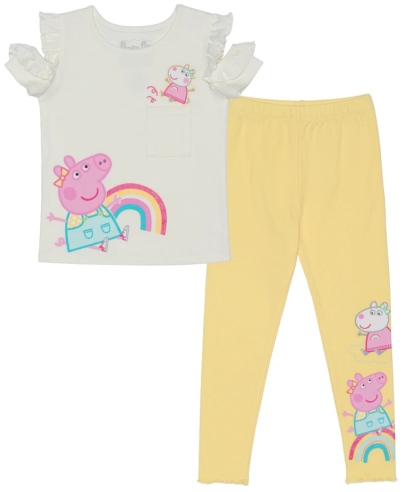 Peppa Pig Toddler & Little Girls Short Sleeve Ruffle Top Rib Legging, 2pc set