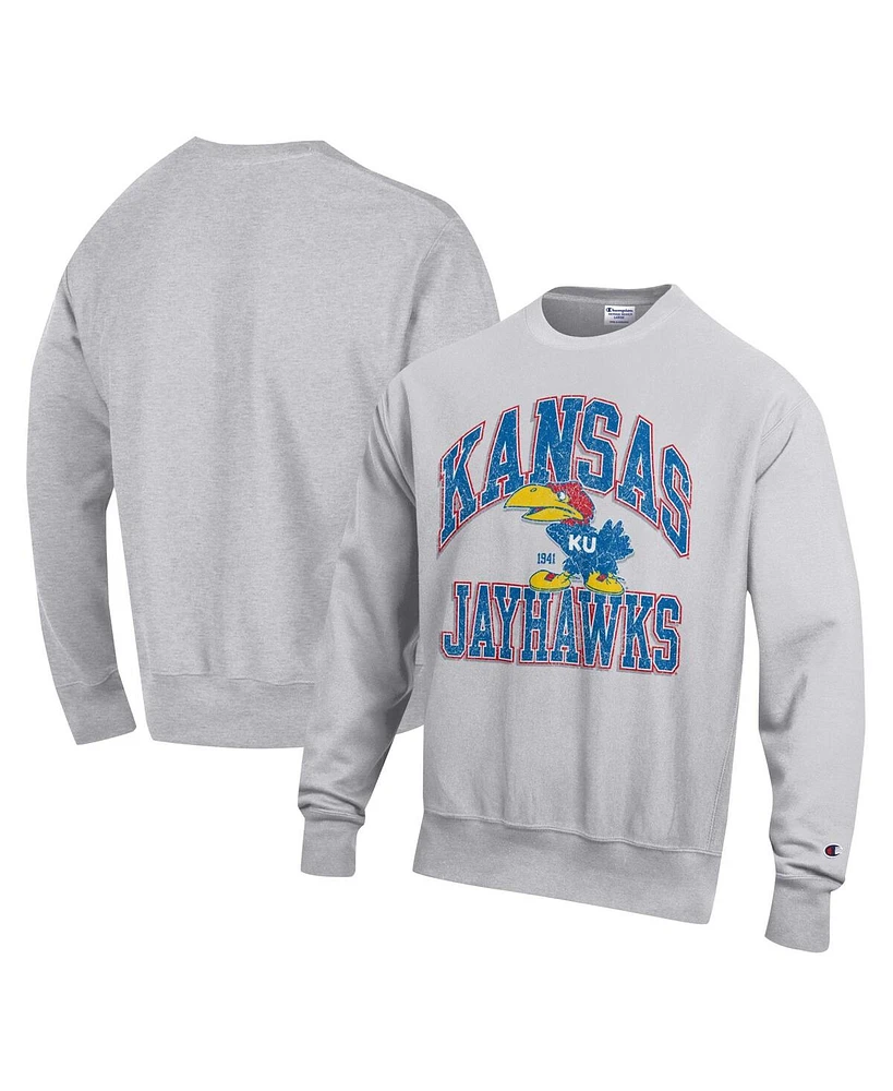 Champion Men's Heather Gray Kansas Jayhawks Vault Late Night Reverse Weave Pullover Sweatshirt