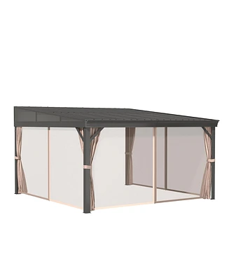 Mondawe 12x14 ft Wall-Mounted Hardtop Gazebo with Aluminum Frame, Galvanized Steel Roof, Sunroom, Curtain, and Netting