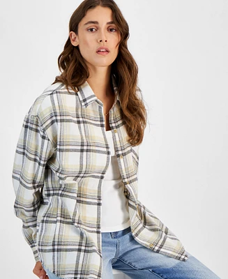 Just Polly Juniors' Girlfriend Frayed-Hem Plaid Shirt