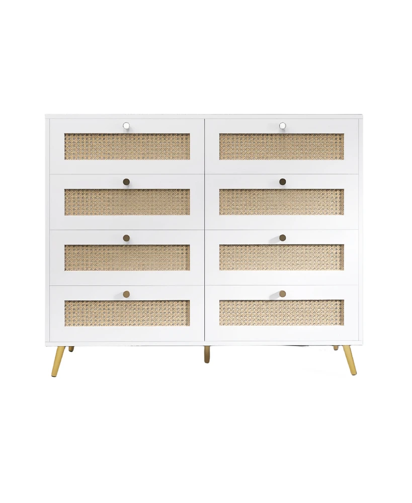 Simplie Fun White Color 8 Drawers Chest Of Drawers With Rattan Drawer Face Golden Legs And Handles