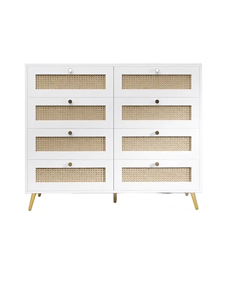 Simplie Fun White Color 8 Drawers Chest Of Drawers With Rattan Drawer Face Golden Legs And Handles