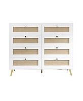 Simplie Fun White Color 8 Drawers Chest Of Drawers With Rattan Drawer Face Golden Legs And Handles