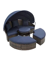 Round Rattan Lounge Set with Canopy & Lift Coffee Table