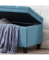 Button Tufted Storage Bench - Light Blue Linen