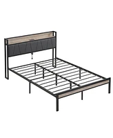 Simplie Fun Queen Metal Platform Bed w/ Upholstered Headboard & Storage